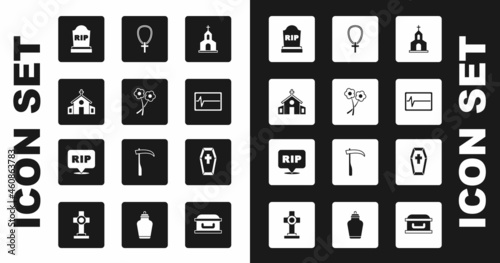 Set Church building, Flower, Tombstone with RIP written, Beat dead monitor, Christian cross chain, Coffin and Speech bubble rip death icon. Vector