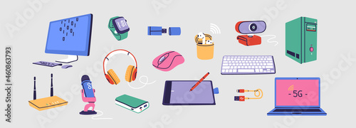 Set of computer accessories for desk or workspace. Wireless equipment like mouse, camera, headphones, microphone, watch, pen tablet, router, keyboard, monitor in office. Device repair vector concept. 