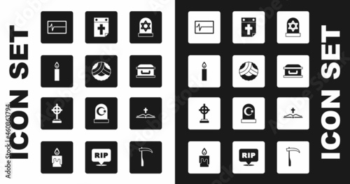 Set Grave with star of david, Memorial wreath, Burning candle, Beat dead monitor, Coffin cross, Calendar death, Holy bible book and icon. Vector