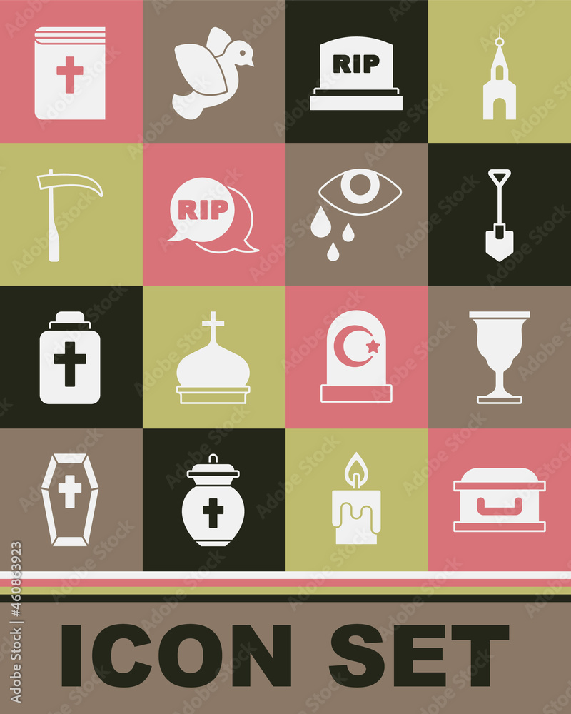 Set Coffin with cross, Christian chalice, Shovel, Tombstone RIP written, Speech bubble rip death, Scythe, Holy bible book and Tear cry eye icon. Vector Set Coffin with cross, Christian chalice, Shovel, Tombstone RIP written, Speech bubble rip death, Scythe, Holy bible book and Tear cry eye icon. Vector