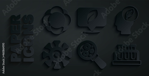 Set Microorganisms under magnifier, Human head with leaf inside, Bacteria, Test tube and flask, Location and Molecule icon. Vector
