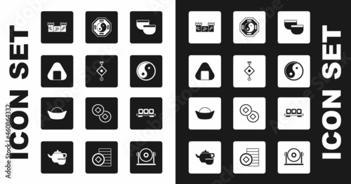 Set Chinese tea ceremony, paper lantern, Sushi, Great wall of China, Yin Yang, cutting board and icon. Vector
