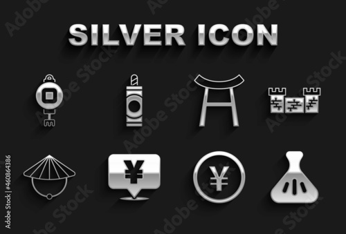 Set Chinese Yuan currency, Great wall of China, Dumpling, conical straw hat, Japan Gate, paper lantern and Firework icon. Vector