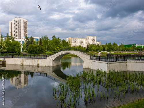 Pedestrian bridge over the pond in Zelenograd Moscow, Russia