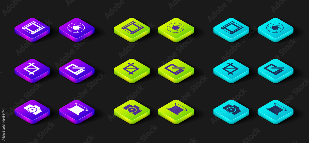 Set Photo camera, Empty photo studio, Picture crop, Graphic tablet, Camera shutter and roll cartridge icon. Vector Set Photo camera, Empty photo studio, Picture crop, Graphic tablet, Camera shutter and roll cartridge icon. Vector