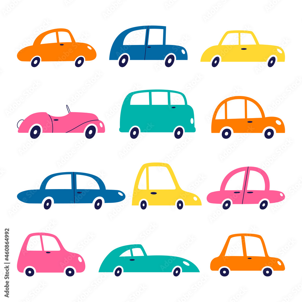 Cute set of cartoon colorful cars for kids design. Vector illustration isolated on a white background.