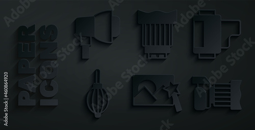 Set Photo retouching, Camera roll cartridge, Dust blower, camera, photo lens and Softbox light icon. Vector