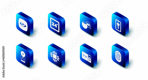 Set Thermostat, Voice assistant, Smart key, Fingerprint, Multimedia and TV box receiver, Processor with CPU, coffee machine and Security camera icon. Vector