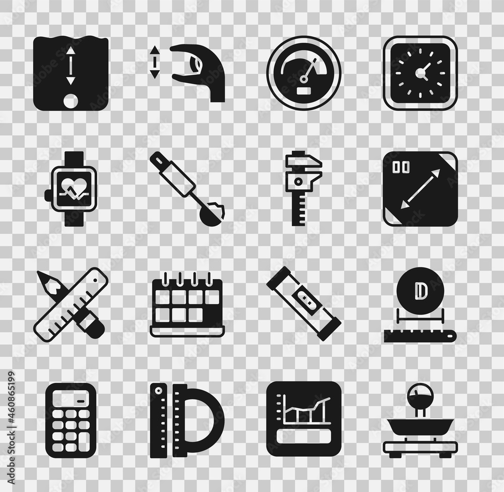 Set Scales, Diameter, Diagonal measuring, Speedometer, Measuring spoon, Smart watch, Depth measurement and Calliper or caliper and scale icon. Vector Set Scales, Diameter, Diagonal measuring, Speedometer, Measuring spoon, Smart watch, Depth measurement and Calliper or caliper and scale icon. Vector