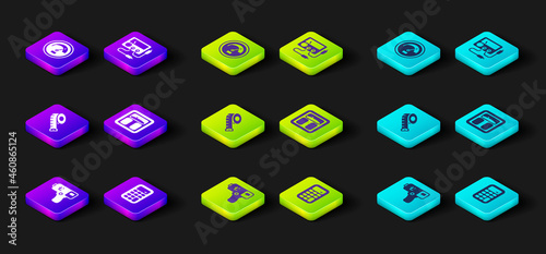 Set Digital thermometer, Calculator, Measuring tape, Bathroom scales, Multimeter, voltmeter and Speedometer icon. Vector