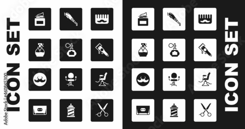 Set Hairbrush, Aftershave, Hairdresser pistol spray bottle, Cream cosmetic jar, Electrical hair clipper, Barbershop chair and Mustache icon. Vector