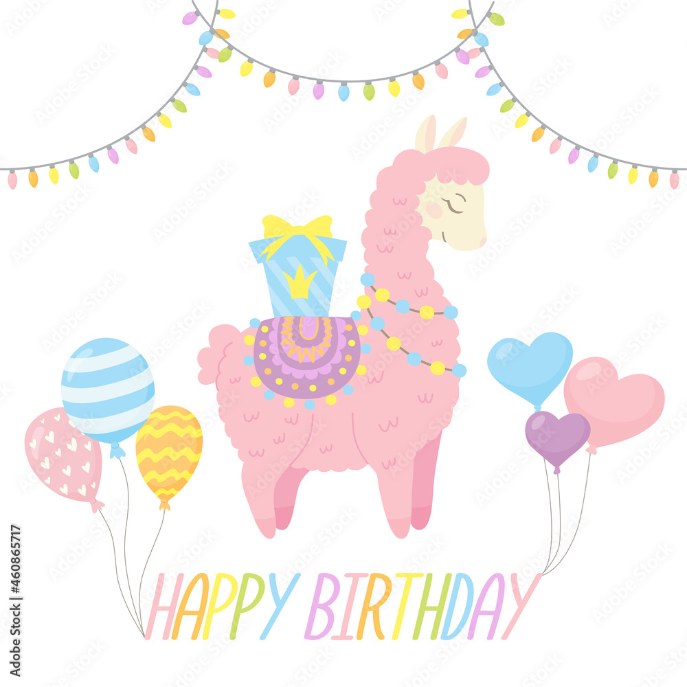 Celebratory card with cute llama, gift, balloons and garlands. Cartoon funny character for nursery design, greeting card, invitation, print, party, baby shower, poster. Vector illustration isolated on