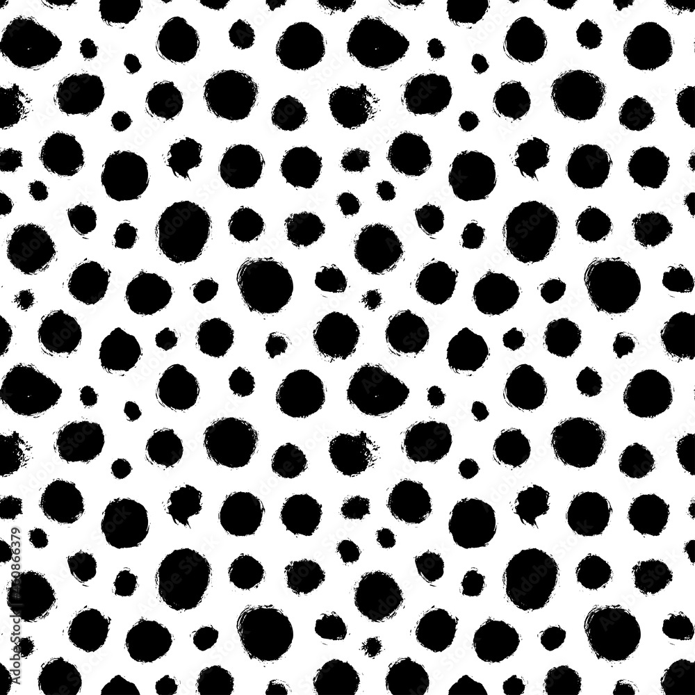 Polka dot grunge seamless vector pattern. Black circle brushstrokes and rough rounded shapes. Hand drawn abstract ink background. Circles, dots, splotches, blobs. Wallpaper design, textile print Polka dot grunge seamless vector pattern. Black circle brushstrokes and rough rounded shapes. Hand drawn abstract ink background. Circles, dots, splotches, blobs. Wallpaper design, textile print