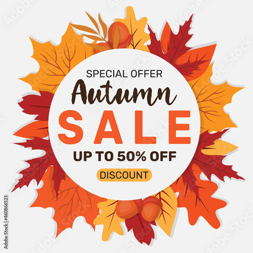 Autumn sale poster design set with colorful maple leaves element in background and sale discount text for fall season shopping promotion. Vector illustration. EPS10
