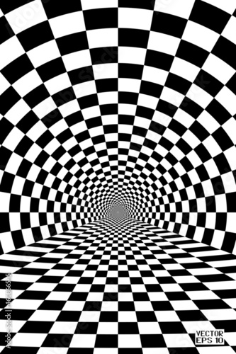 Abstract Black and White Pattern with Tunnel. Contrasty Optical Psychedelic Illusion. Smooth Checkered Spiral and Chessboard in Perspective. Vector. 3D Illustration