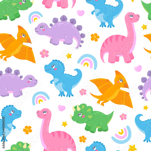 Cute seamless pattern with funny dinosaurs, hearts, rainbows, stars and flowers. Baby vector Illustration in cartoon style. Colorful childish repeated background with characters perfect for wallpaper