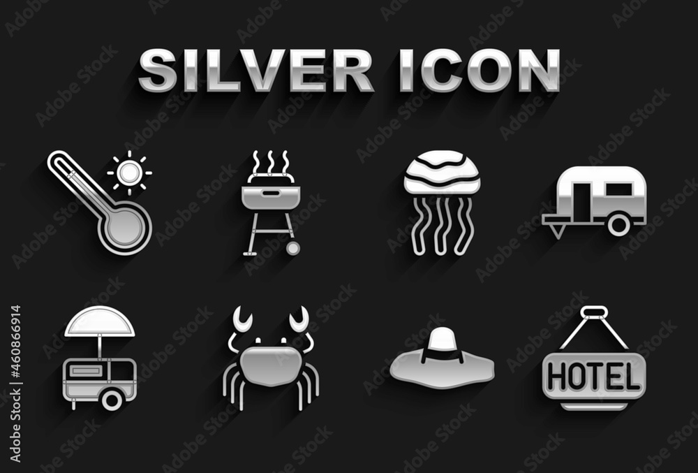 Set Crab, Rv Camping trailer, Signboard with text Hotel, Elegant women hat, Fast street food cart, Jellyfish, Meteorology thermometer and Barbecue grill icon. Vector Set Crab, Rv Camping trailer, Signboard with text Hotel, Elegant women hat, Fast street food cart, Jellyfish, Meteorology thermometer and Barbecue grill icon. Vector