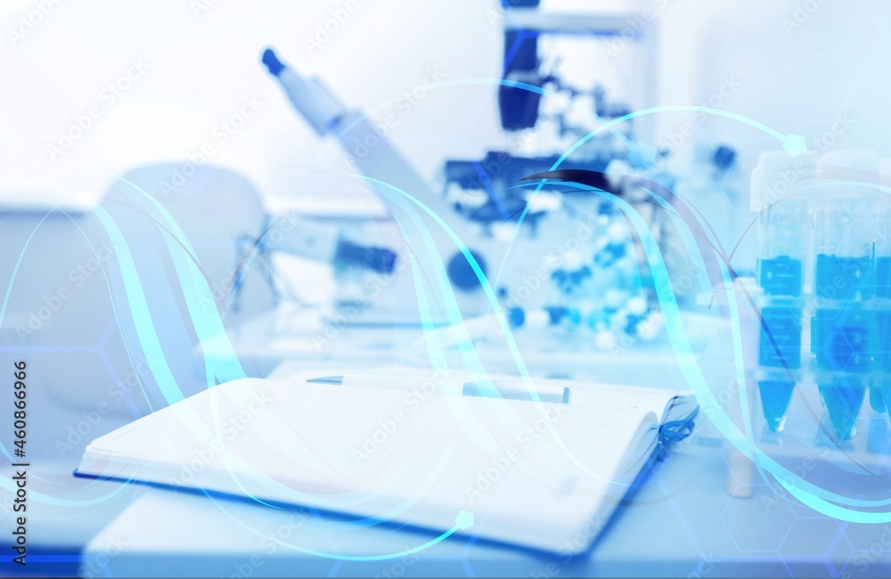 Medical test tubes on desk in laboratory at the research clinic. Biotechnology glassware, Medical test tubes on desk in laboratory at the research clinic. Biotechnology glassware,