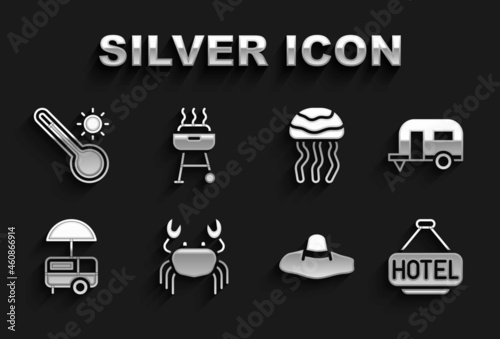 Set Crab, Rv Camping trailer, Signboard with text Hotel, Elegant women hat, Fast street food cart, Jellyfish, Meteorology thermometer and Barbecue grill icon. Vector