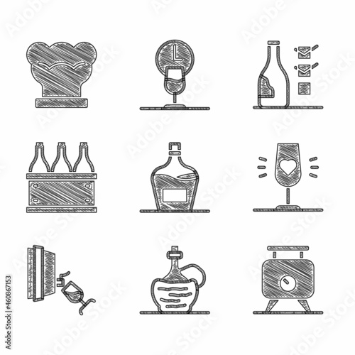 Set Old bottle of wine, Wine italian fiasco, Fermentation grapes, glass, tasting, degustation, Bottles box, and Chef hat icon. Vector