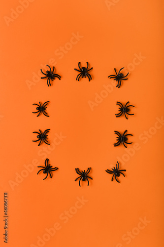 creative frame for halloween celebration on bright orange background. decor for halloween in the form of black spiders. concept for holiday postcard, banner with place for text. simple flat lay © Marina Shvetsova