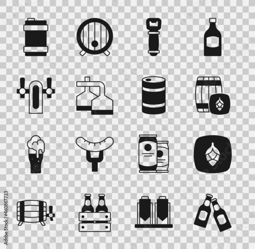 Set Beer bottle, Hop, Wooden barrel, Bottle opener, brewing process, tap, Metal beer keg and icon. Vector