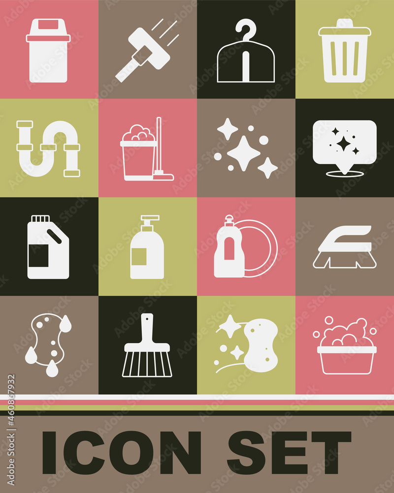 Set Basin with soap suds, Brush for cleaning, Home service, Hanger wardrobe, Mop and bucket, Industry metallic pipe, Trash can and icon. Vector Set Basin with soap suds, Brush for cleaning, Home service, Hanger wardrobe, Mop and bucket, Industry metallic pipe, Trash can and icon. Vector