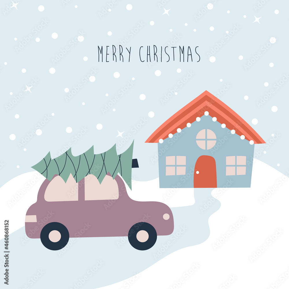 Fototapeta premium Winter snowy Christmas landscape. Country house and car with christmas tree on the roof. Vector illustration.