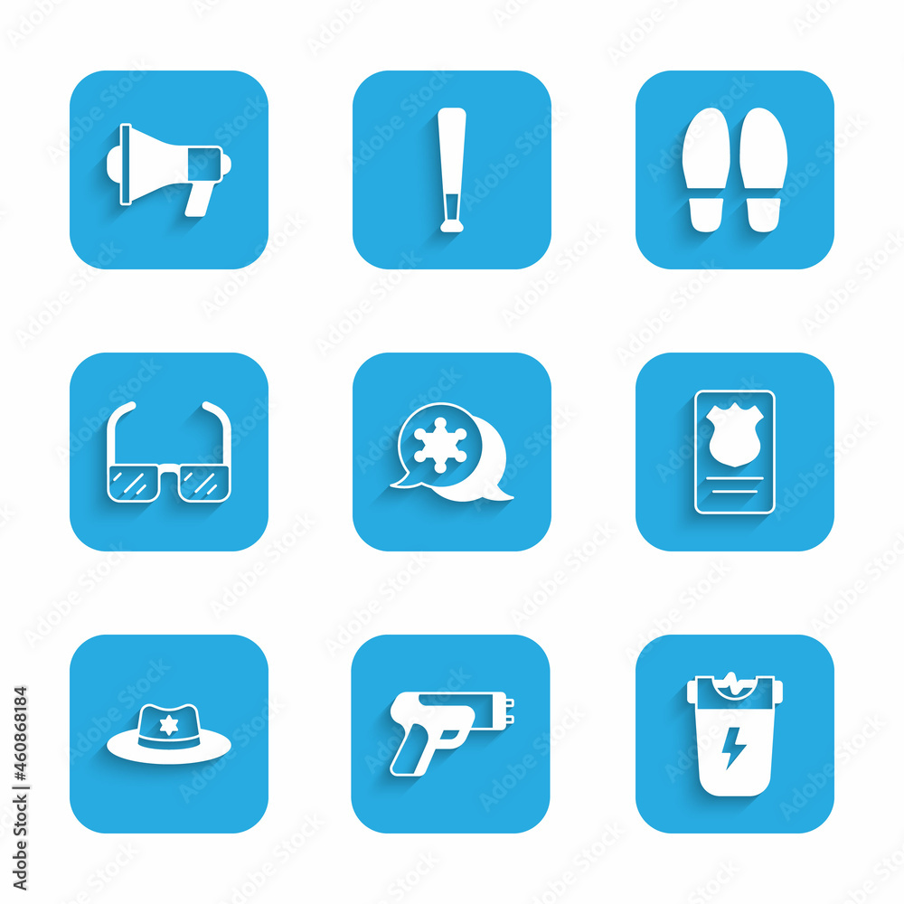 Set Hexagram sheriff, Police electric shocker, badge with id case, Sheriff hat, Safety goggle glasses, Footsteps and Megaphone icon. Vector