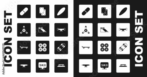 Set Longboard or skateboard, Skate park, Skateboard Y-tool, Broken deck, wheel, Knee pads, and icon. Vector