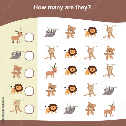 Fototapeta Naklejka Na Ścianę i Meble -  How many are they game. Counting animals for preschool. Cute math worksheet. Educational printable math worksheet. Count the animals in the picture and write the result.