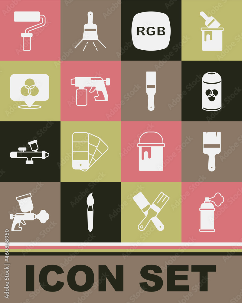 Set Paint spray can, brush, RGB, gun, and CMYK color mixing, roller and icon. Vector Set Paint spray can, brush, RGB, gun, and CMYK color mixing, roller and icon. Vector