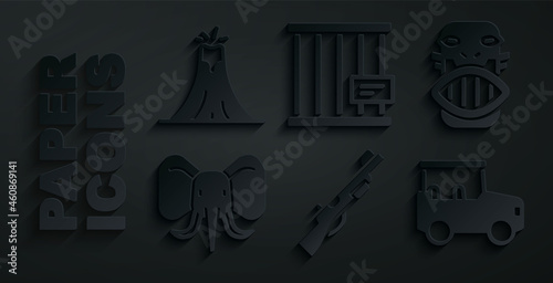 Set Hunting gun, Mexican mayan or aztec mask, Elephant, Safari car, Animal cage and Volcano eruption icon. Vector