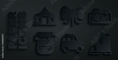 Set Car, Photo camera, Hiking backpack, Hunter boots, Elephant and Tourist tent icon. Vector