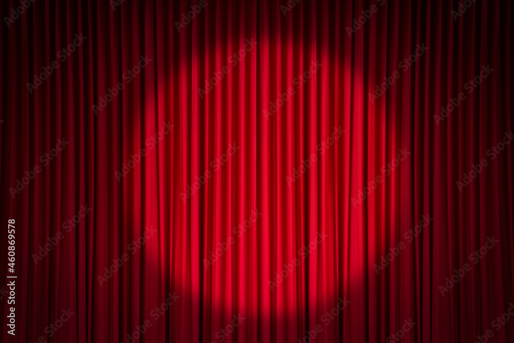 Red stage curtain with spotlight - obrazy, fototapety, plakaty 