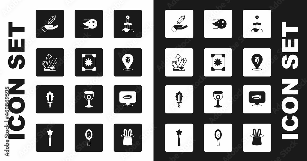 Set Sword in the stone, Ancient magic book, Magic, Fireball, and sword fire icon. Vector Set Sword in the stone, Ancient magic book, Magic, Fireball, and sword fire icon. Vector
