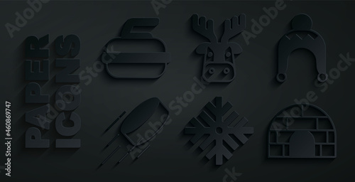 Set Snowflake, Winter hat, Hockey puck, Igloo ice house, Deer head with antlers and Stone for curling icon. Vector