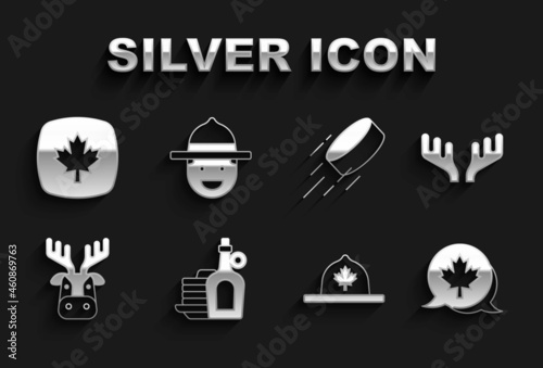 Set Syrup with pancakes, Deer antlers, Canadian maple leaf, ranger hat, head, Hockey puck, and icon. Vector