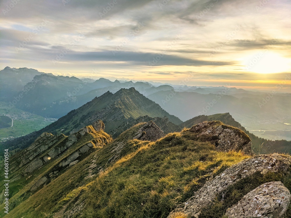 Beautiful sunset on the mountain. Peak Speer with a fantastic view of the swiss alps. Beautiful evening mood in autumn