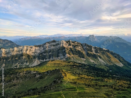 Speer mountain peak above Amden. View of the churfirsten. large mountain panorama in toggenbrug, appenzell. Hiking