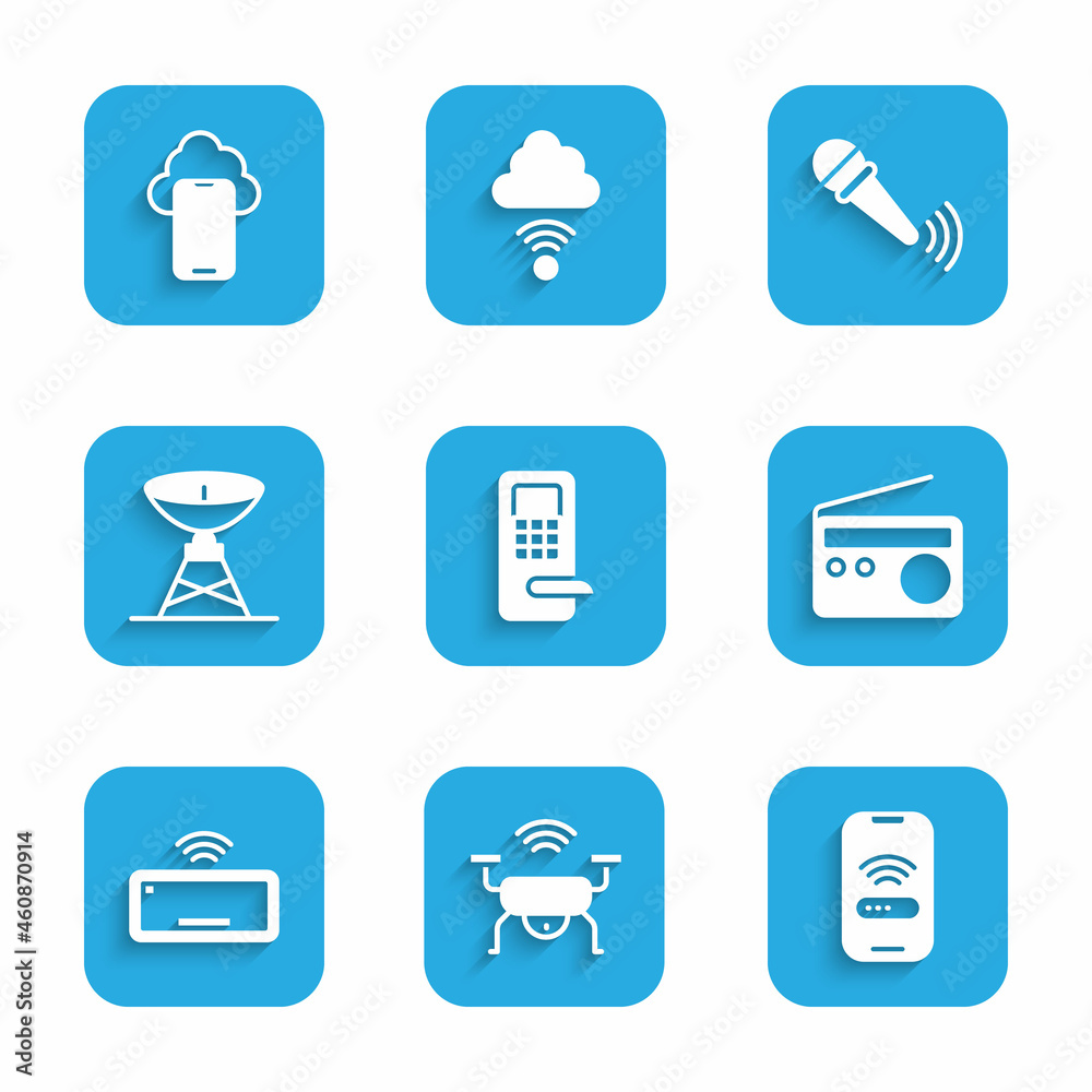 Set Digital door lock, Smart drone system, Mobile with wi-fi wireless, Radio, Computer keyboard, Satellite dish, Wireless microphone and Cloud technology data icon. Vector Set Digital door lock, Smart drone system, Mobile with wi-fi wireless, Radio, Computer keyboard, Satellite dish, Wireless microphone and Cloud technology data icon. Vector
