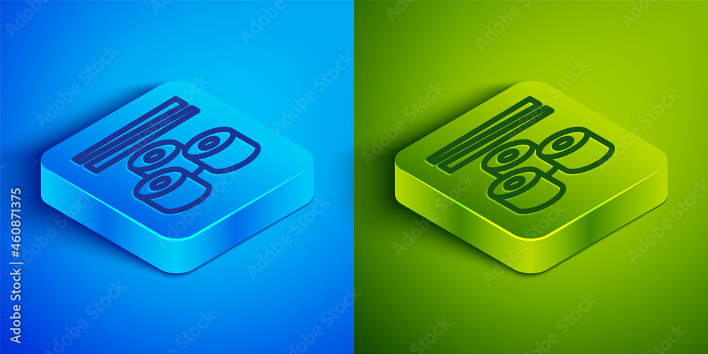 Isometric line Sushi icon isolated on blue and green background. Traditional Japanese food. Square button. Vector Isometric line Sushi icon isolated on blue and green background. Traditional Japanese food. Square button. Vector