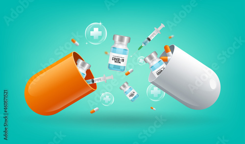 Pills to treat COVID-19 concept vector illustration. Open capsule pill with falling out vaccine bottle and syringe