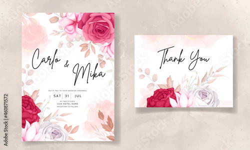 Beautiful maroon and brown floral wedding invitation card © mariadeta
