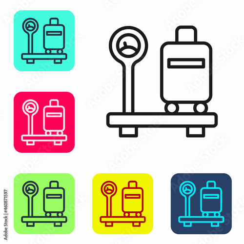 Black line Scale with suitcase icon isolated on white background. Logistic and delivery. Weight of delivery package on a scale. Set icons in color square buttons. Vector