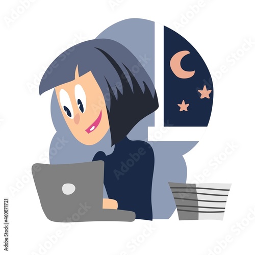 The girl works late. Vector illustration in a flat style. An employee in the office with a laptop