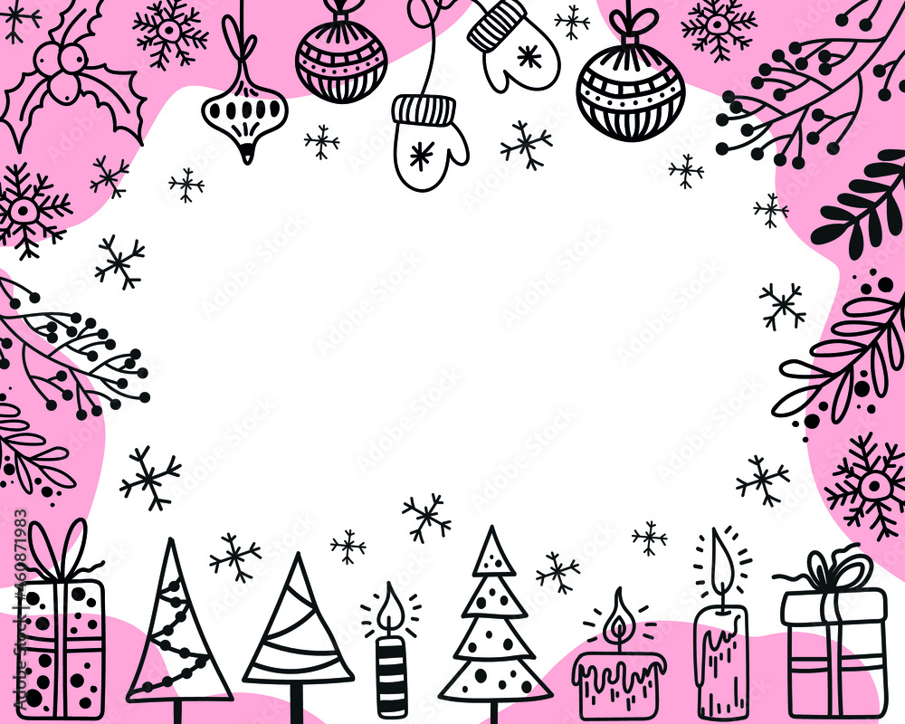 Christmas and New Year doodle background with snowflakes, tree, toys. Hand drawn Christmas doodle frame, border for greeting cards, invitation design 