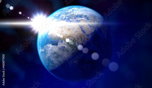 Earth - view from space at Europe and Africa  sun glare. Elements of this image furnished by NASA - 3D illustration