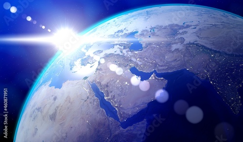 Earth  Middle East side - sun glare and city lights in Egypt  Israel  Saudi Arabia  Emirates  Yemen  Iraq  Iran. Elements of this image furnished by NASA - 3D illustration
