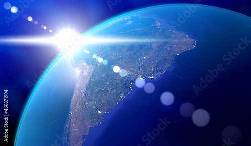 Fototapeta Naklejka Na Ścianę i Meble -  Earth, South America side - sun glare and city lights in Brazil, Argentina, Paraguay, Uruguay, Chile. Elements of this image furnished by NASA - 3D illustration